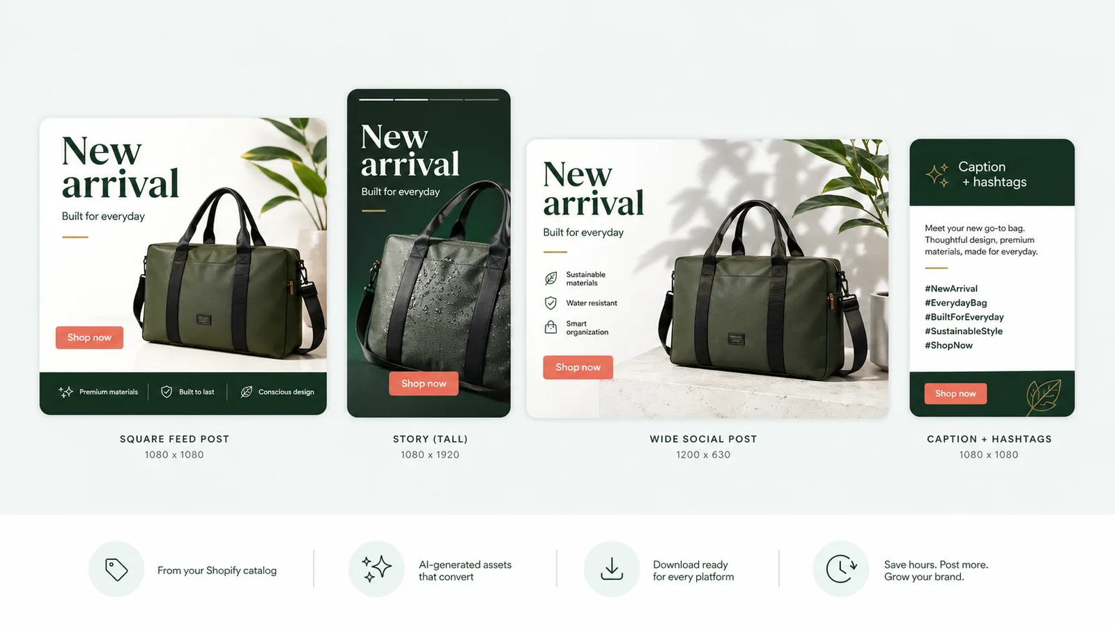 Generated ecommerce social media examples in square, story, wide, and caption formats