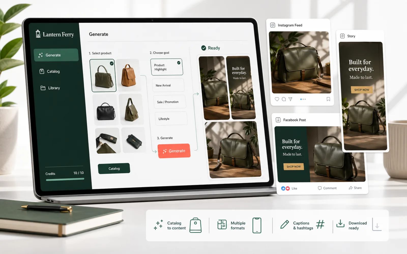 Lantern Ferry app workflow turning catalog products into generated social media assets
