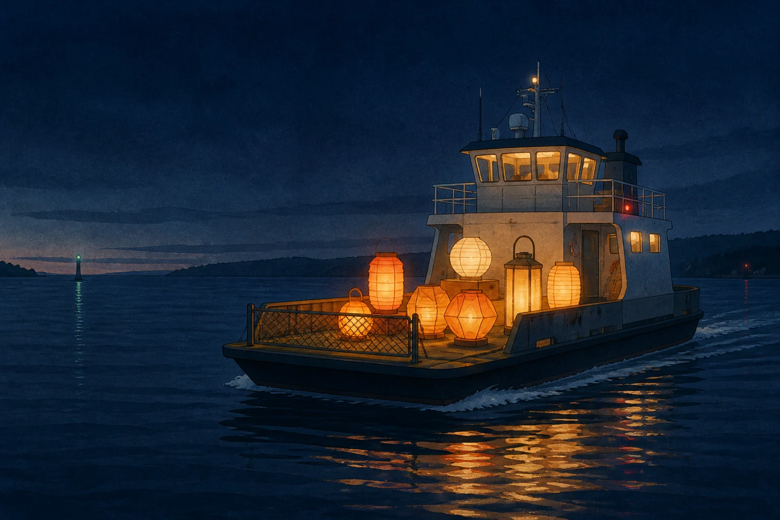 A ferry carrying a glowing collection of lanterns across calm water at dusk